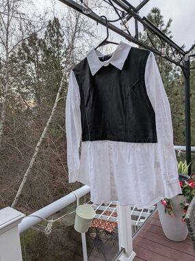 Venti6 Layered Look Faux Leather Vest Over White Collared Shirt